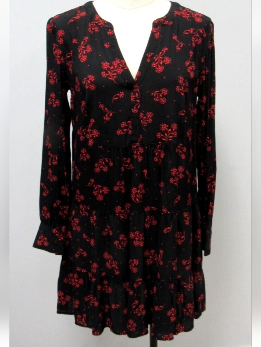 Loft Blouse Dress Mini Floral Red Black Flowy Ruffle XS Petite Boho